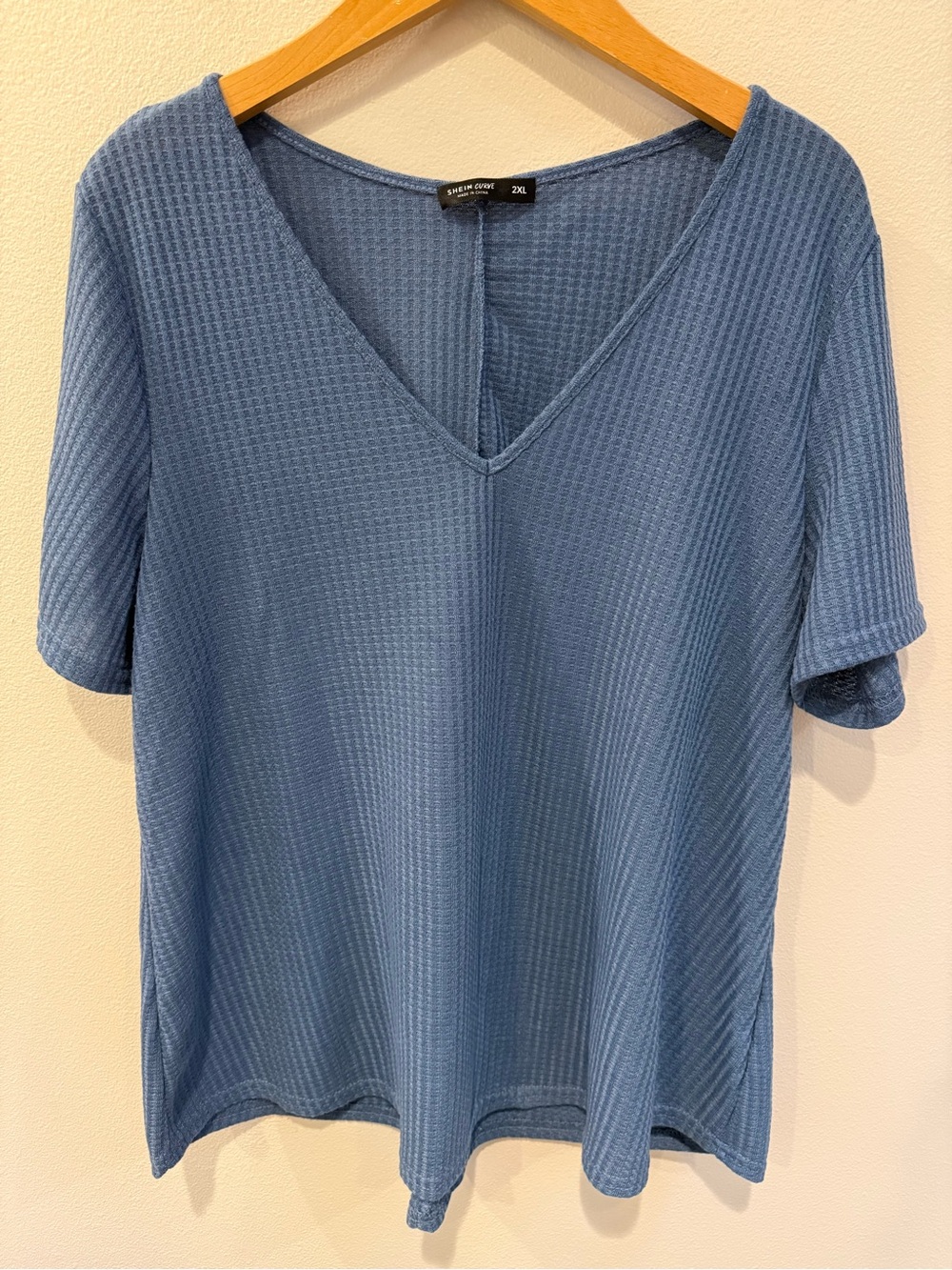 SHEIN Dusty Blue V‑Neck Waffle Knit Short Sleeve Tee